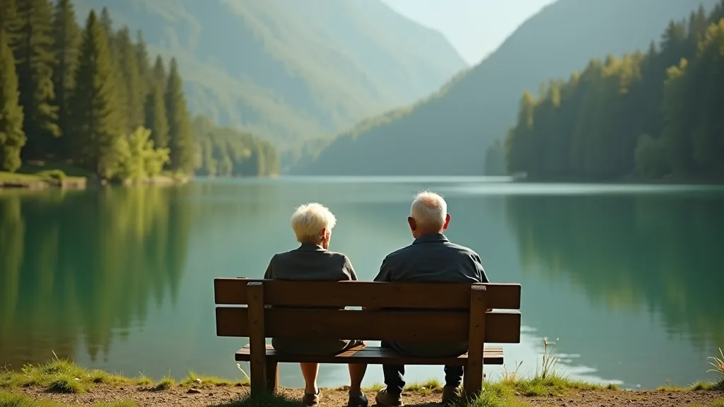Senior couple enjoying lakeside view