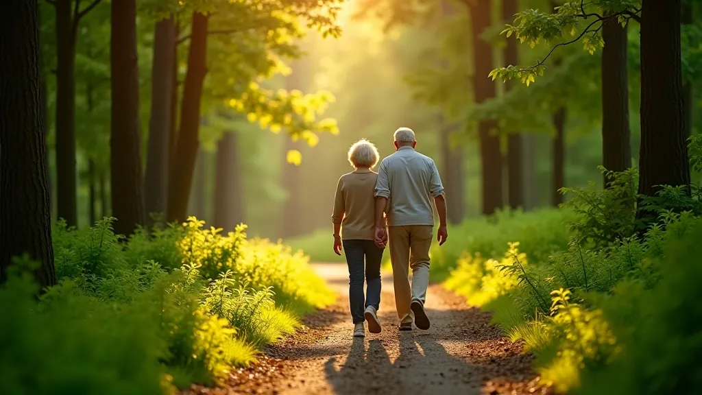 Senior couple walking on forest path with trees on both sides, dappled sunlight on trail