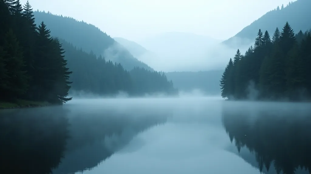 Deep forest lake with dark water reflecting trees, misty morning atmosphere, peaceful natural landscape