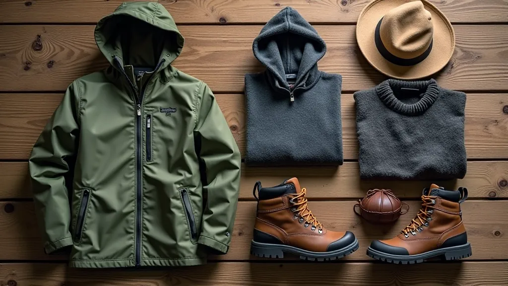 Neat arrangement of outdoor clothing items including waterproof jacket, fleece layer, and hiking boots displayed on wooden table with natural lighting