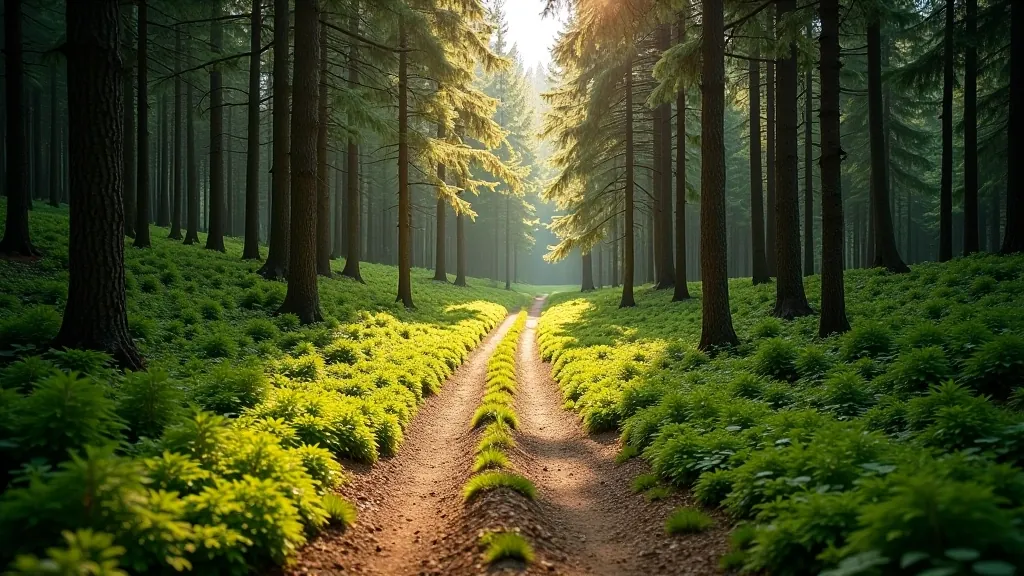 Forest path with clear markings and gentle slope, sunlight filtering through canopy, peaceful natural setting