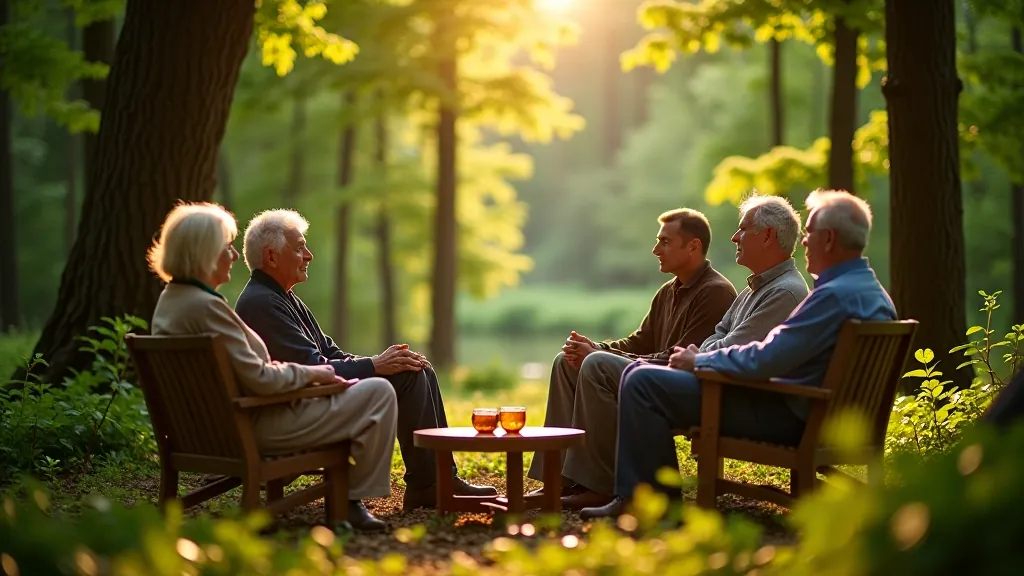 Forest bathing retreat with rest area seating