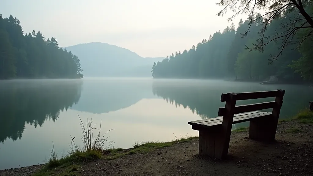 Calm lake surrounded by forest, bench in foreground on grassy area, morning mist rising from water, peaceful natural setting