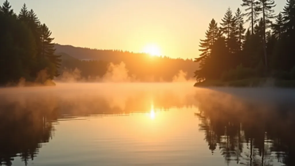 Early morning sunrise over calm lake with mist rising from water surface and golden light breaking through trees