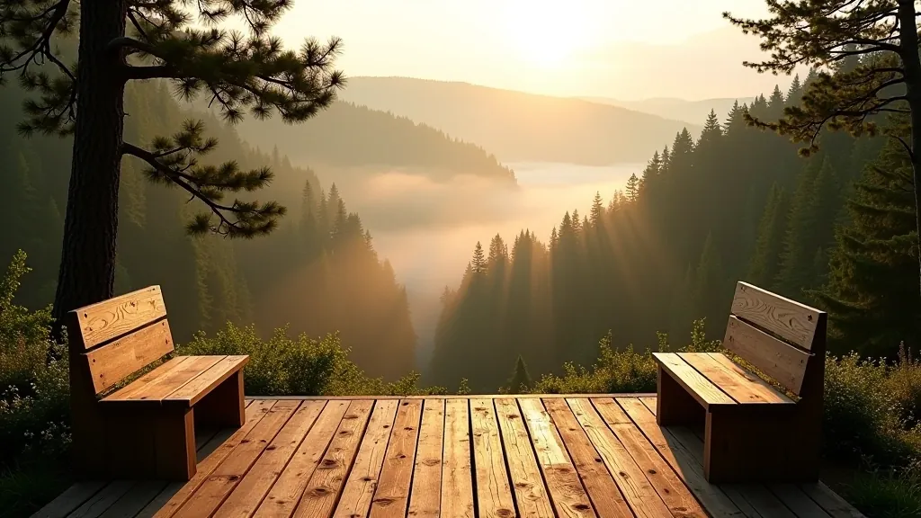 Outdoor wooden seating area in nature
