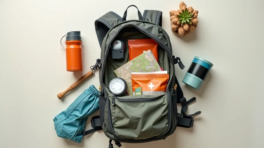 Well-organized hiking backpack laid out with all essentials: water bottle, snacks, first aid kit, map, and jacket neatly displayed