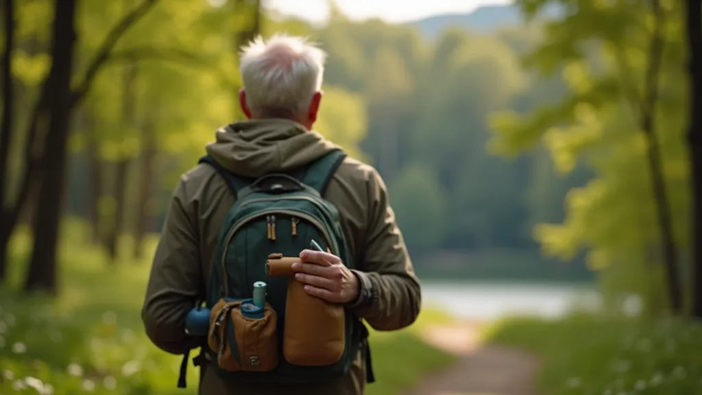 Person packing a backpack with outdoor gear including water bottle and light jacket in preparation for nature walk