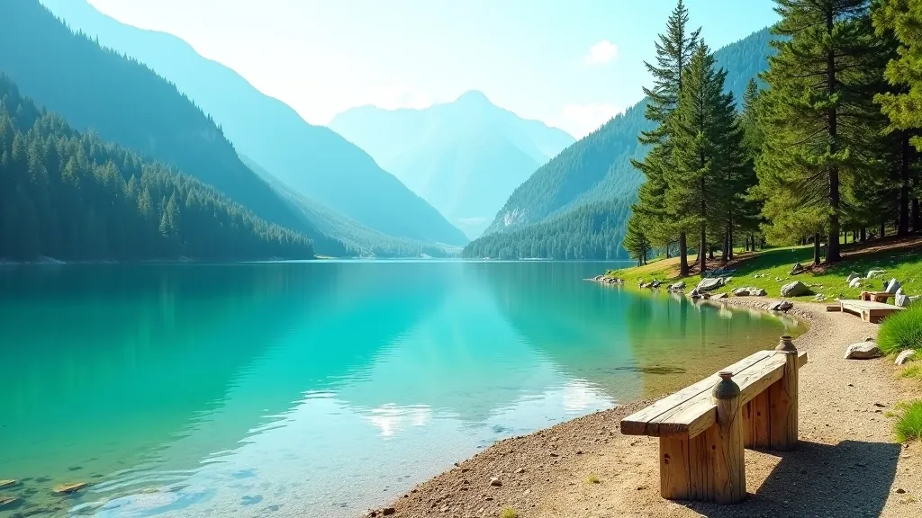 Crystal clear alpine lake water with forested shoreline and wooden seating areas visible on the bank