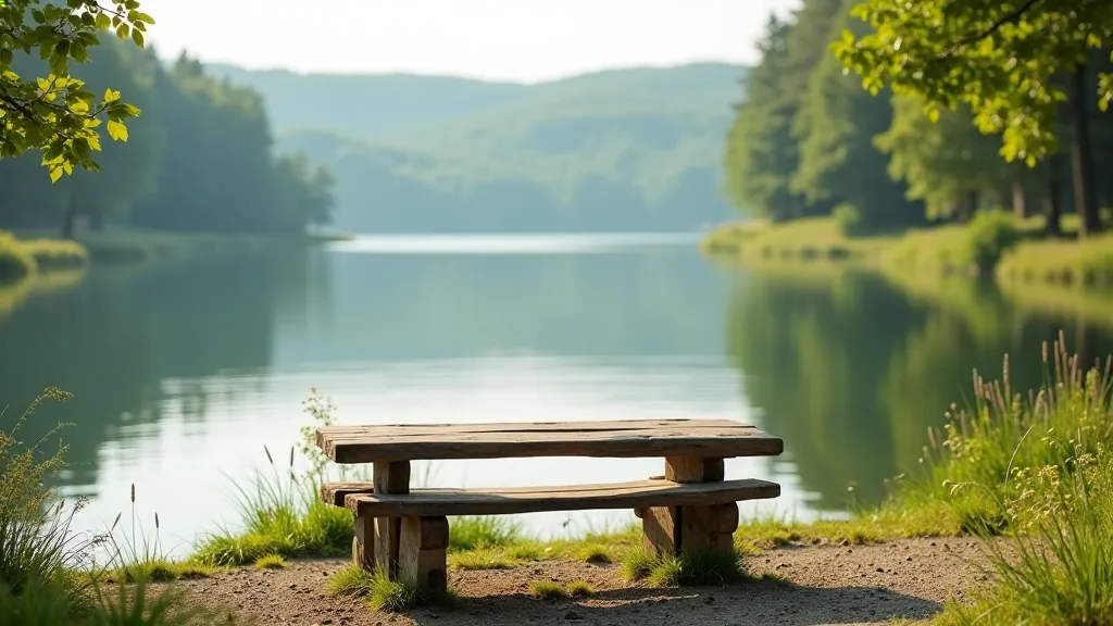 Comfortable wooden bench on lakeside path overlooking water, forested shoreline, peaceful outdoor seating area