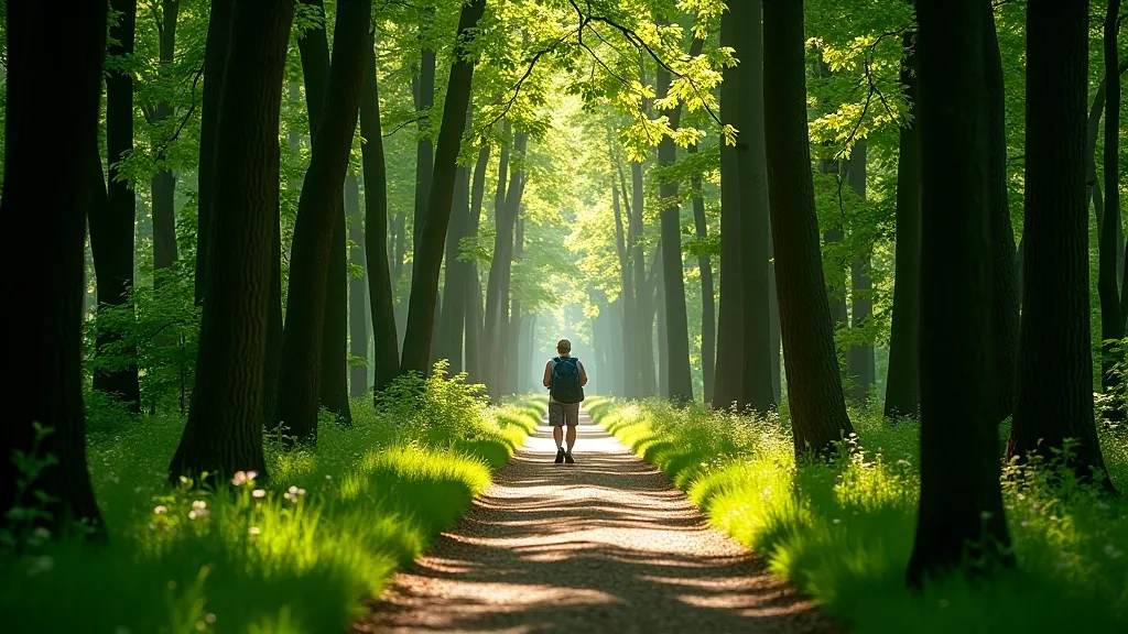 Peaceful forest path winding through green trees, dappled sunlight, well-maintained walking trail, natural woodland setting