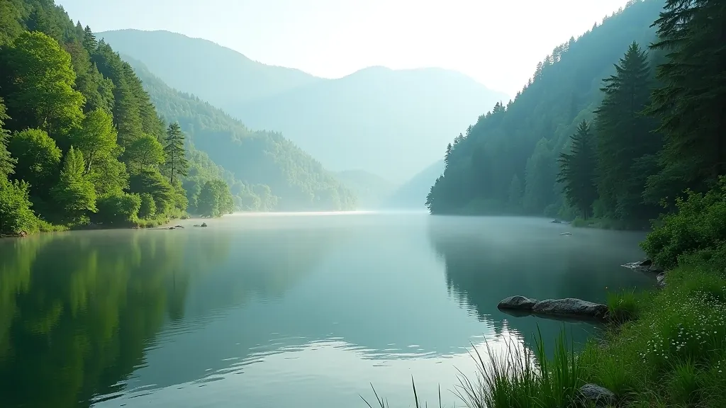 Beautiful Šumava lakeside with clear water, surrounding forest, peaceful atmosphere, morning mist