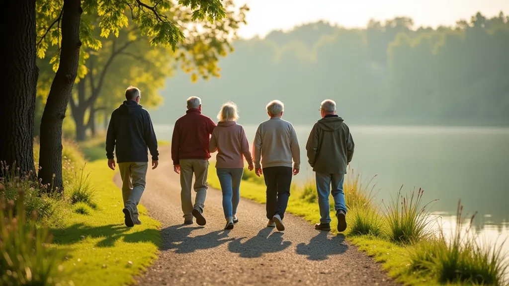 Guided walk along peaceful lake shore with mature adults