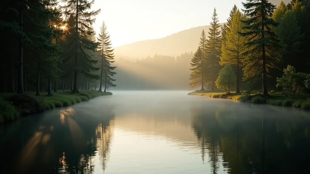 Peaceful afternoon light filtering through forest trees onto calm lakeside with natural seating