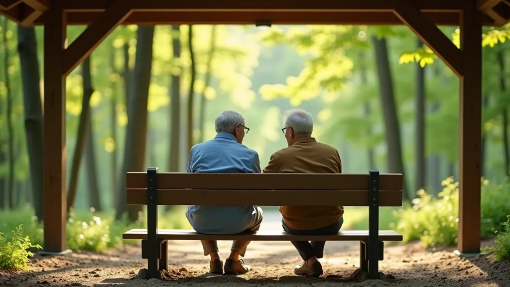 Elderly couple resting on comfortable bench in shaded pavilion area with water bottle and snacks