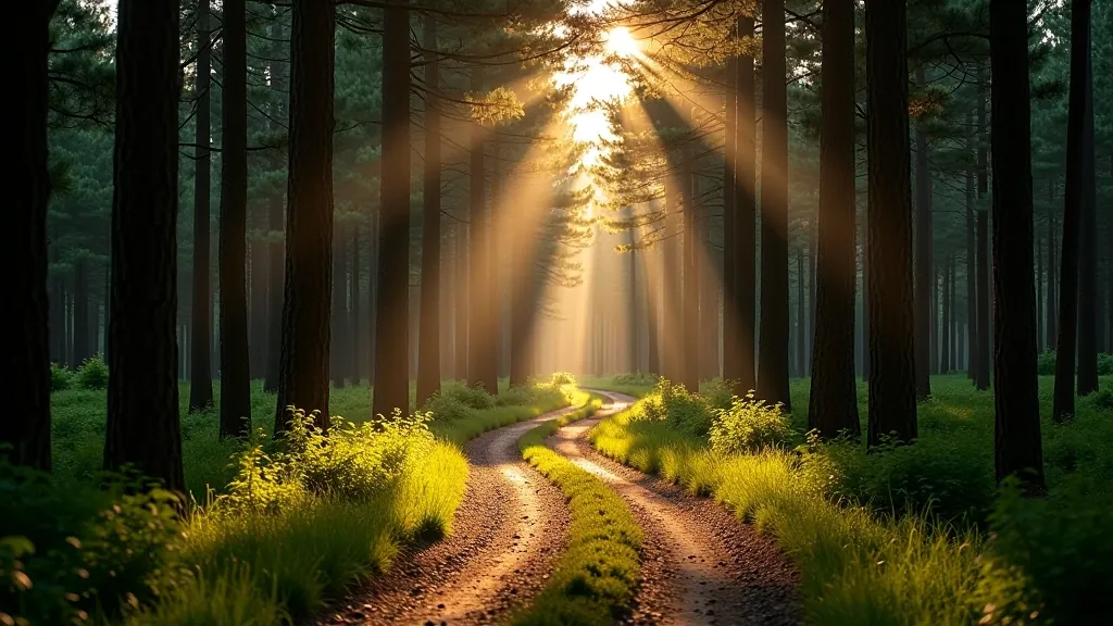 Forest path with towering trees on both sides, natural canopy coverage, golden light, peaceful woodland setting
