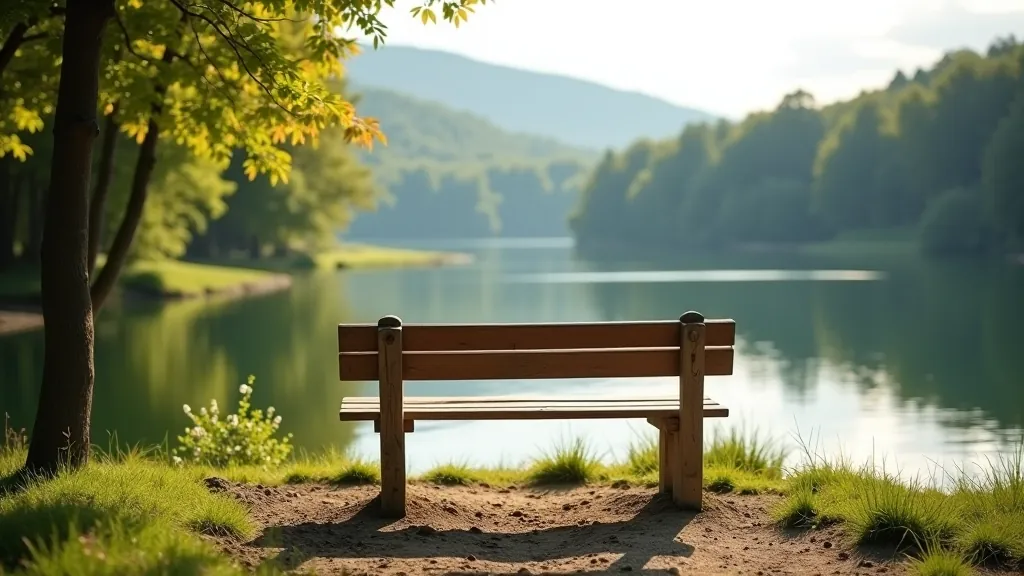 Wooden bench overlooking calm water in nature