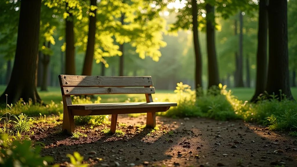 Wooden bench in clearing with forest background, natural peaceful setting, dappled light