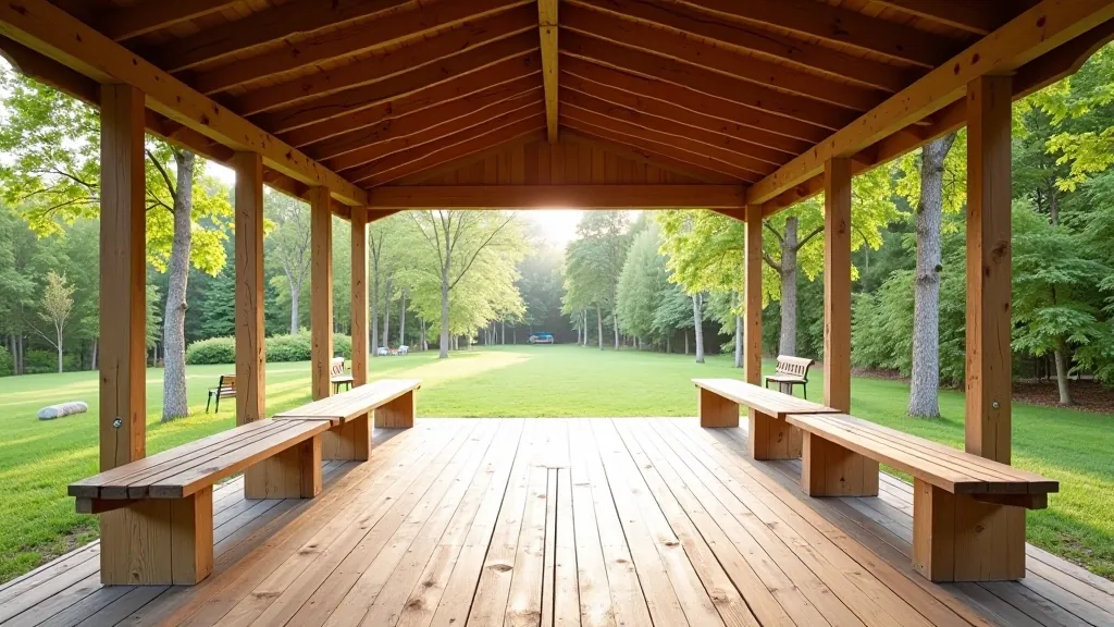Well-maintained rest pavilion with benches and covered roof in forest setting, typical Šumava outdoor amenity