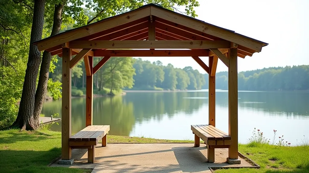 Sheltered lakeside rest area with wooden pavilion providing shade and protection from weather elements